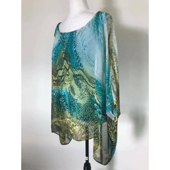 JOSEPH RIBKOFF Flowy Chiffon Overlay Blouse Turquoise Green Snake Print Size 10? - Picture 5 of 8